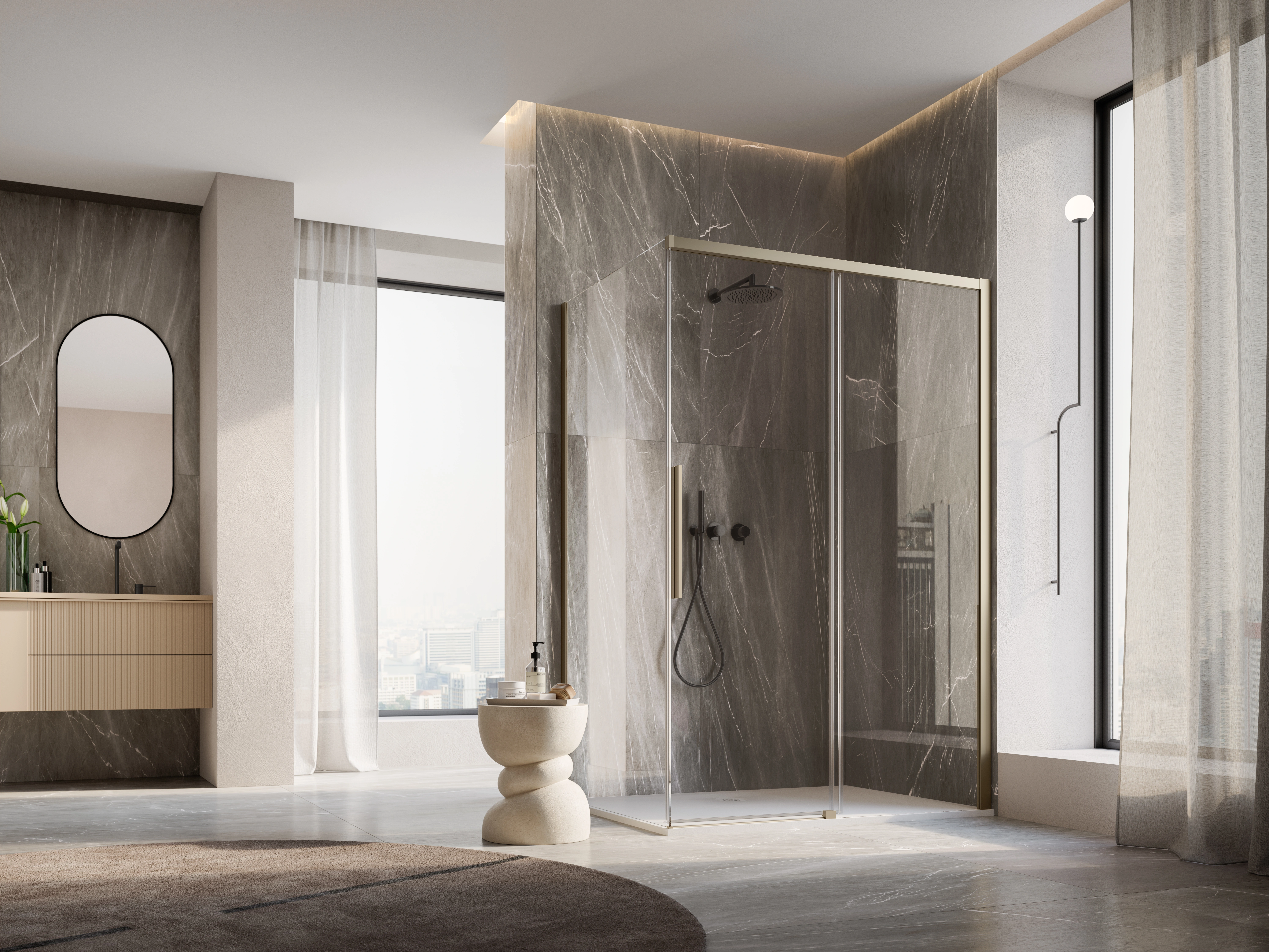 Cabina dus champagne metal 160x90 cm cu usa culisanta, grosime sticla 8 mm, tratament anticalcar, Ronal Oriana [1]