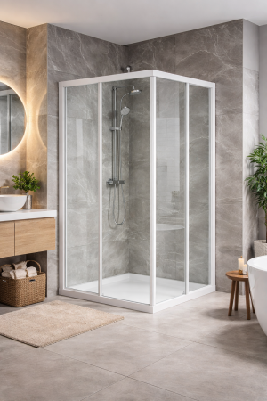 Cabine de dus simple - Cabina dus alba, sticla securizata 4 mm, 90x90 cm, Sanswiss, ECO