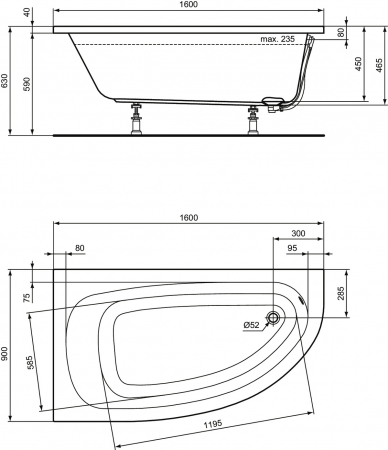 Cada baie pe colt Ideal Standard Hotline, asimetrica, 160x90 cm, orientare stanga [2]