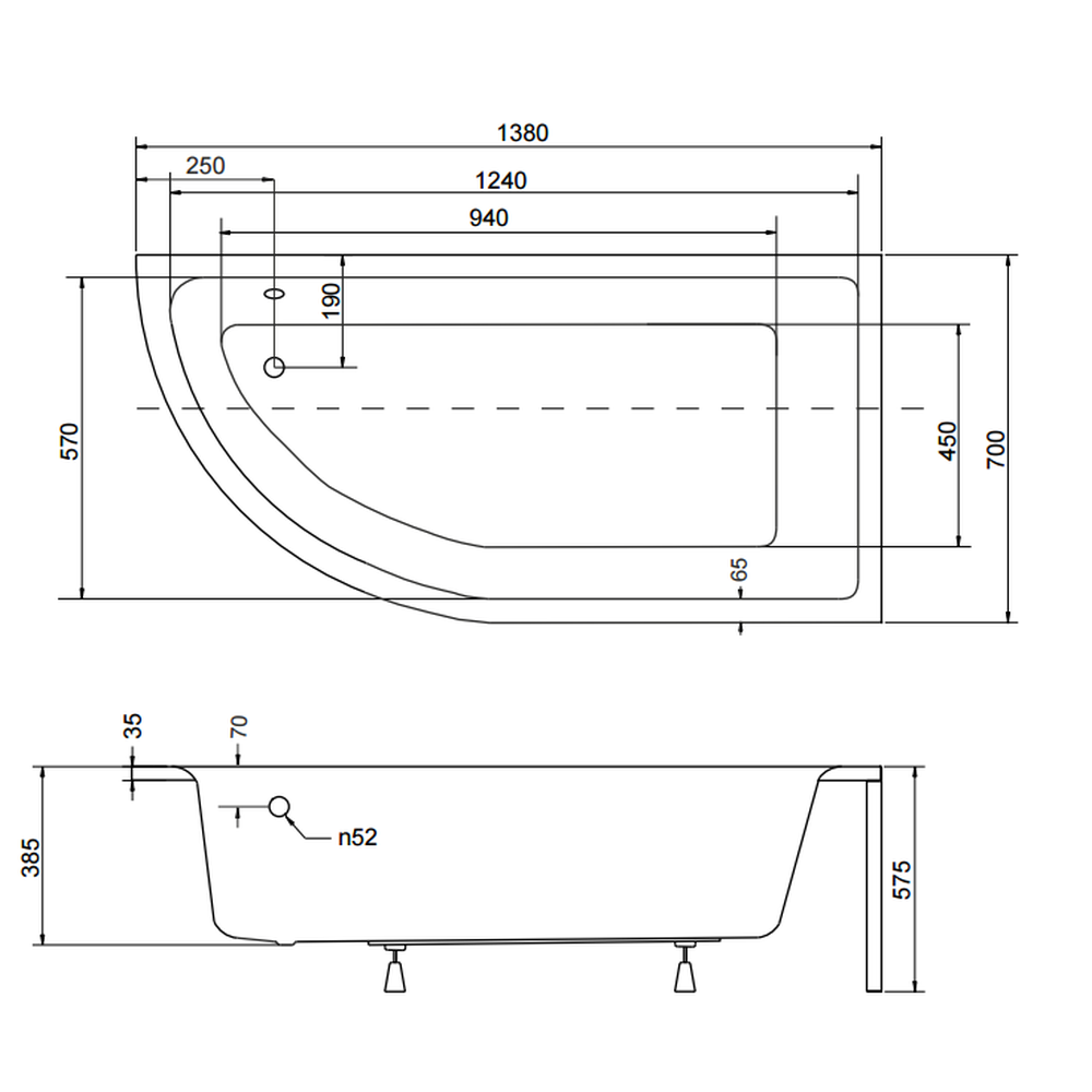 Cada baie asimetrica, acril, 140 x 70 cm, orientare dreapta, Besco Praktika [2]