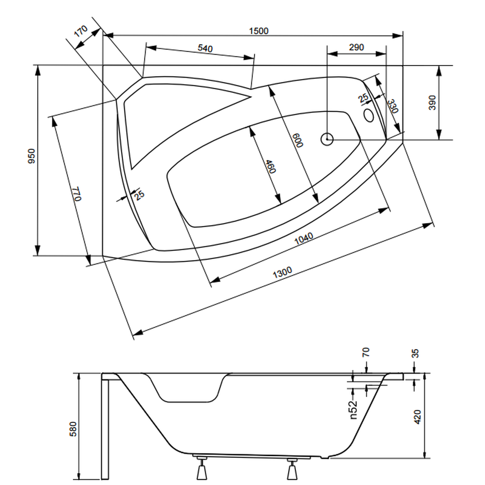 Cada baie asimetrica cu sezut, acril, 150 x 95 cm, orientare stanga, Besco Rima [3]