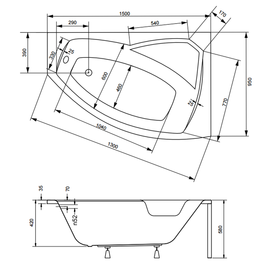 Cada baie asimetrica cu sezut, acril, 150 x 95 cm, orientare dreapta, Besco Rima [3]