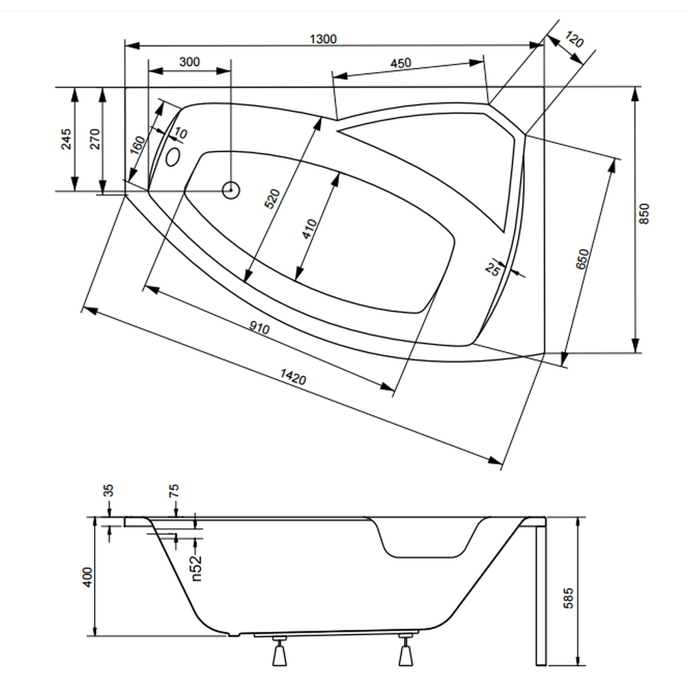 Cada baie asimetrica cu sezut, acril, 130 x 85 cm, orientare dreapta, Besco Rima [3]