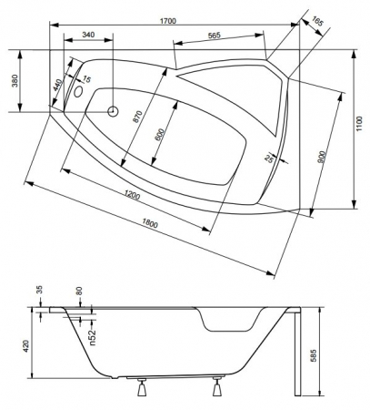 Cada baie asimetrica cu sezut, acril, 170 x 110 cm, orientare dreapta, Besco Rima [3]