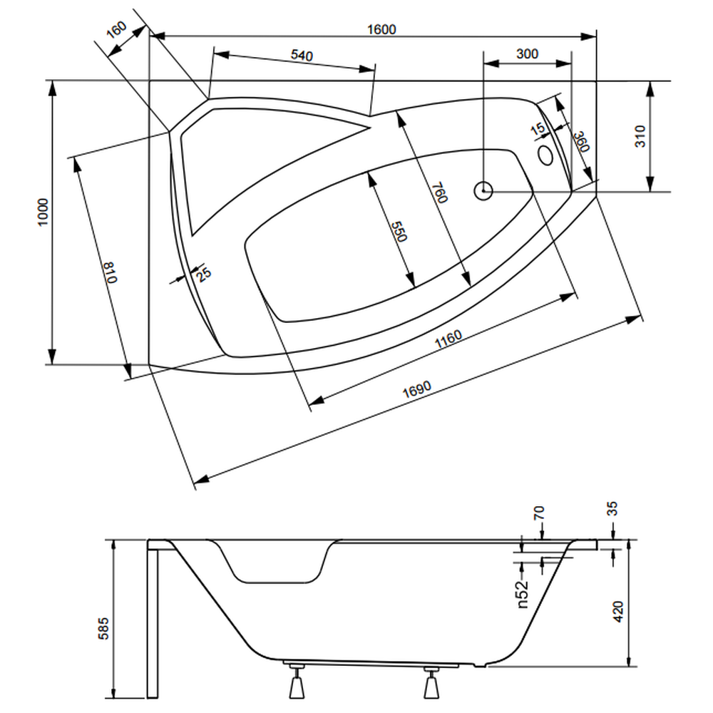 Cada baie asimetrica cu sezut, acril, 160 x 100 cm, orientare stanga, Besco Rima [3]