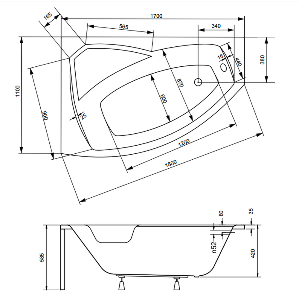 Cada baie asimetrica cu sezut, acril, 170 x 110 cm, orientare stanga, Besco Rima [3]