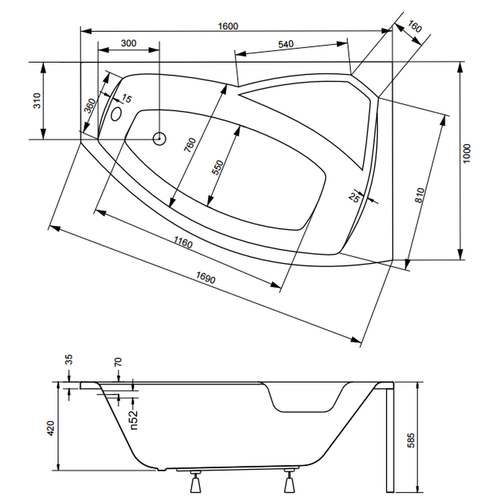 Cada baie asimetrica cu sezut, acril, 160 x 100 cm, orientare dreapta, Besco Rima [3]