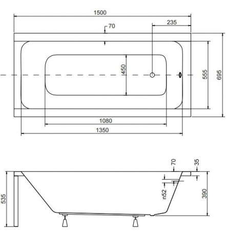 Cada baie dreptunghiulara, acril, 150 x 70 cm, instalatie completa, Besco Modern 2 [3]