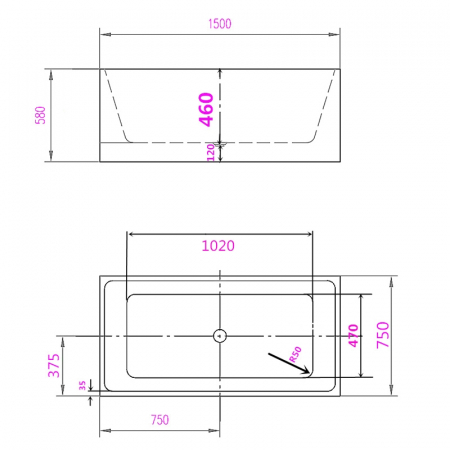 Cada baie freestanding dreptunghiulara cu preaplin 150 x 75 cm Florida, Quadro New [3]