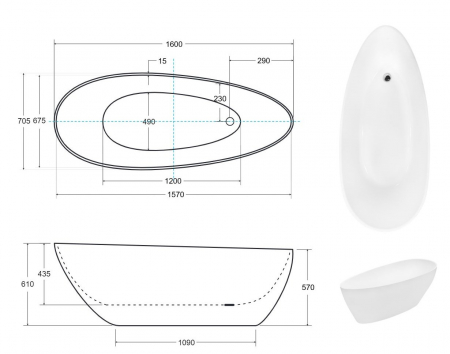 Cada baie freestanding ovala, compozit, alba, 160 x 70 cm, Besco Goya [3]