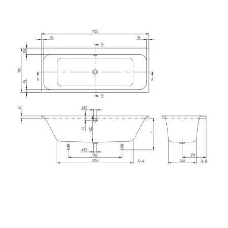 Cada baie incastrata 170x75 cm, dreptunghiulara, alb alpin, Villeroy & Boch Architectura [4]