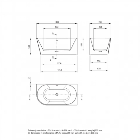 Cada baie freestanding, alba, 140x73 cm, orientare dreapta, Deante Silia [3]
