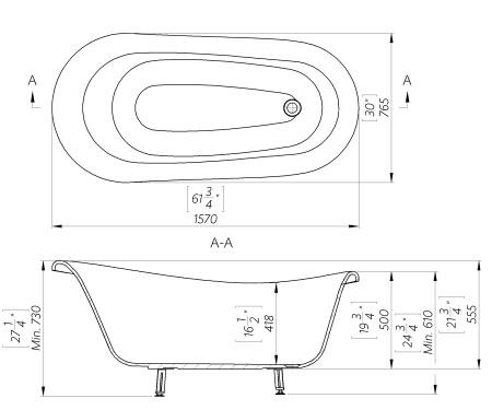 Cada freestanding ovala, compozit alb lucios, 157x72x66.5 cm Foglia Retro [2]