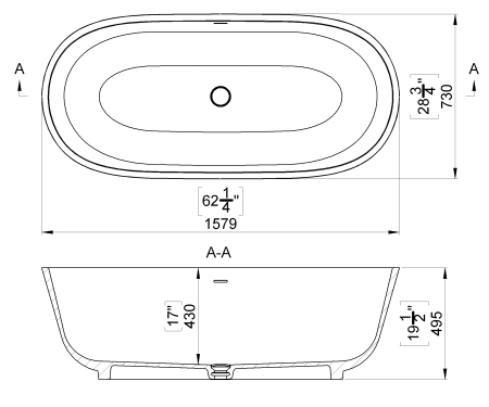 Cada freestanding ovala, compozit alb lucios, 158x73x49.5 cm, Foglia Privee [2]