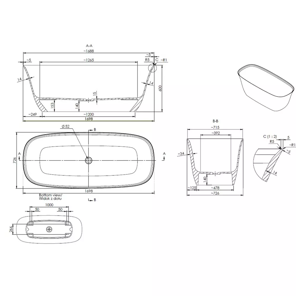 Cada freestanding, din compozit, 170x73 cm, fara preaplin,  Marmite Creta [1]