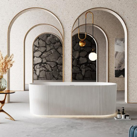 Cazi baie - Cada de baie freestanding riflata cu iluminare LED, 150x75x58 cm, alb lucios, Fresco