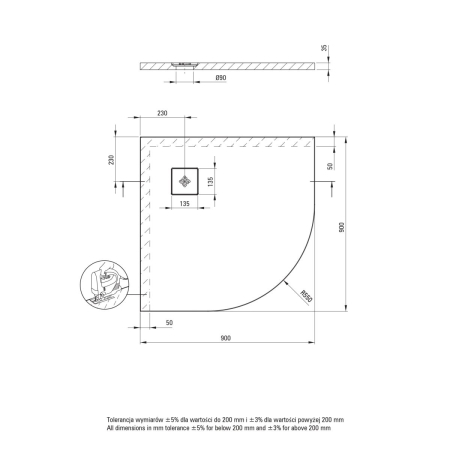 Cadita de dus semirotunda, acril, 90x90x3.5 cm, alb, Deante Silia [3]