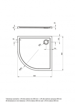 Cadita de dus semirotunda, acril, slim, alb mat, 90x90x4.5 cm, Deante Prizma [1]