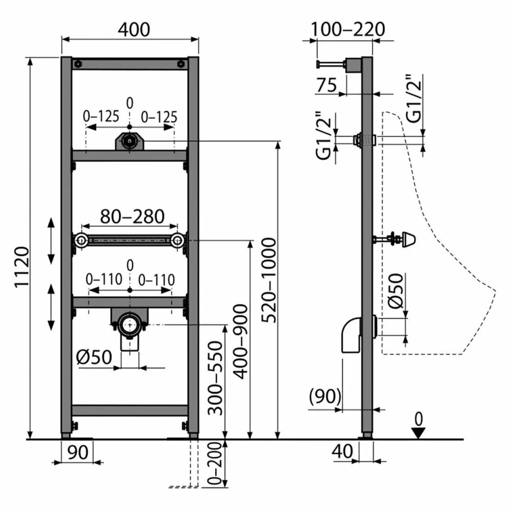 Cadru metalic pisoar suspendat 112 cm, Alcadrain [1]