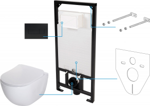 Vase WC - Set vas wc suspendat cu rezervor incastrat si clapeta actionare neagra Deante, Poenia