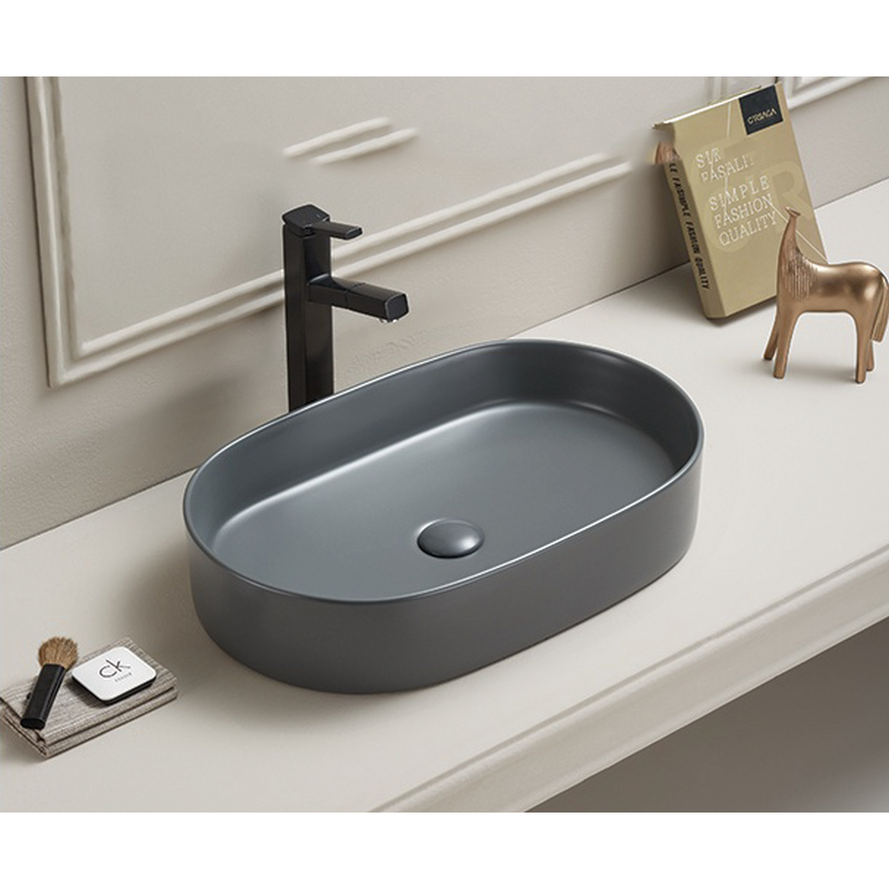 Baie - Lavoar baie pe blat, gri mat, oval, ventil inclus, 52.5 cm, Adelais Foglia