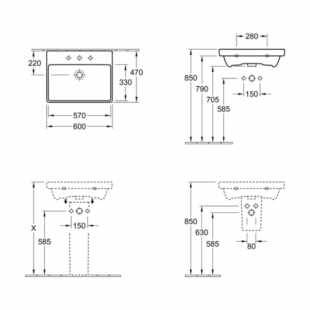 Lavoar baie suspendat alb 60 cm, dreptunghiular, Villeroy & Boch Avento [3]
