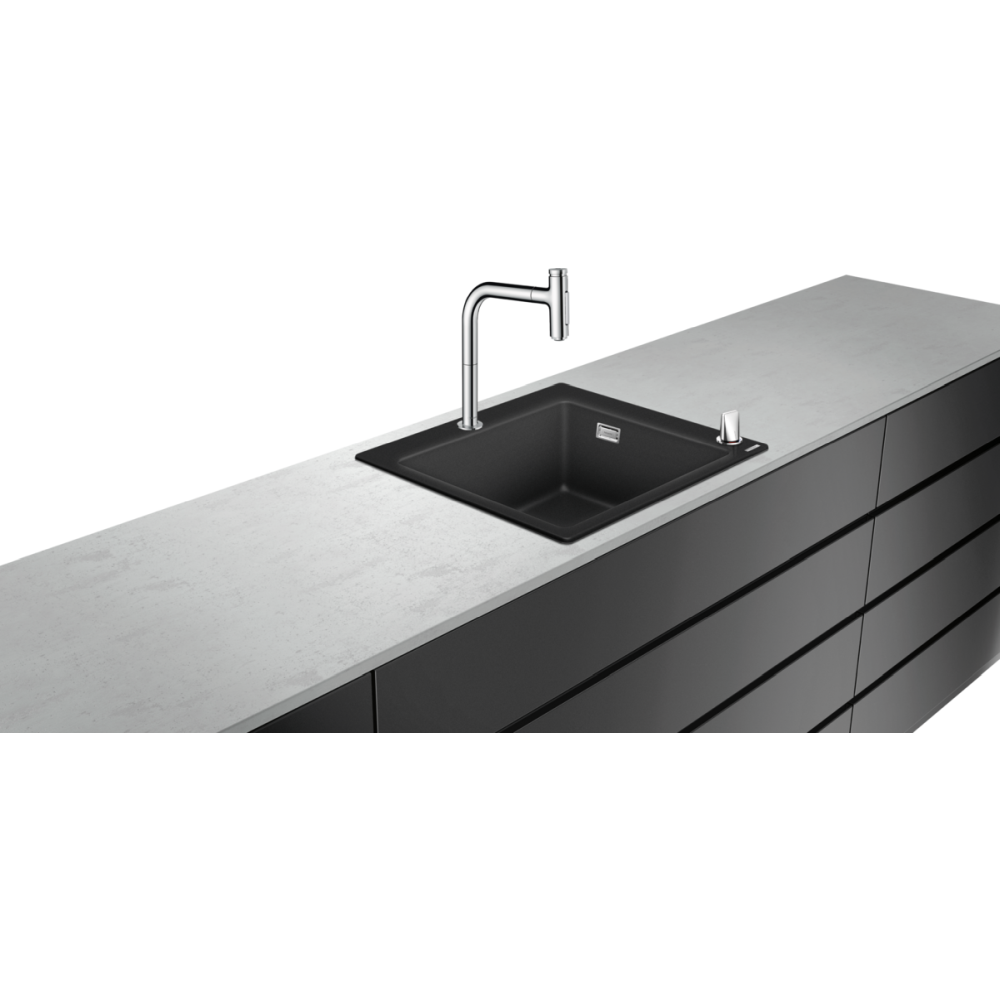Set chiuveta bucatarie compozit cu baterie - Chiuveta bucatarie neagra SilicaTec si baterie bucatarie crom cu dus extractibil Hansgrohe 43217000
