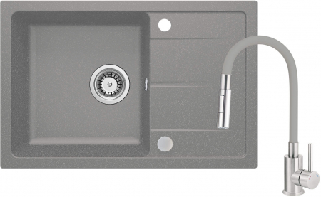 Set chiuveta bucatarie compozit cu baterie - Chiuveta din granit cu baterie, 67x44x16.4 cm, gri metalic, Deante Leda