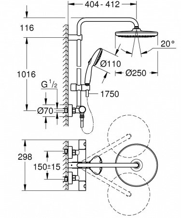 Coloana de dus cu baterie termostatata, culoare negru mat, Grohe Tempesta 250 [4]