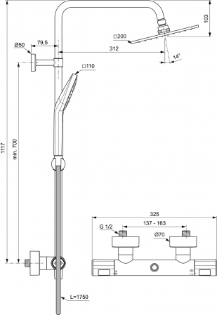 Coloana de dus cu baterie termostatata Ideal Standard Ceratherm T100 crom lucios, palarie patrata [7]