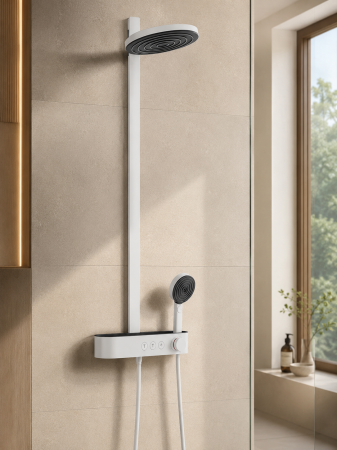 Coloana dus alb mat, baterie control temperatura si 3 jeturi, palarie 26 cm, Form Relax, Alb