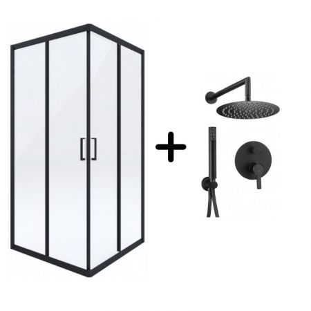 Seturi cabine cu coloane de dus - Set cabina dus neagra 80x80 cm cu baterie dus neagra incastrata Arnika