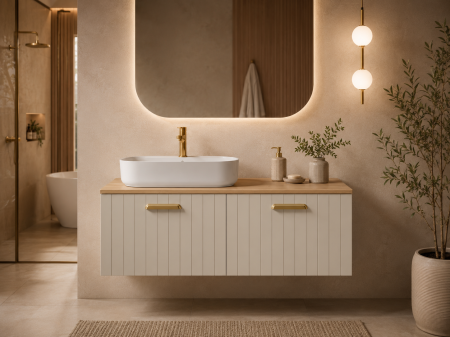 Dulap baie MDF vopsit suspendat 120 cm pentru lavoar cu blat stejar, gri, Isvea Rinato [0]