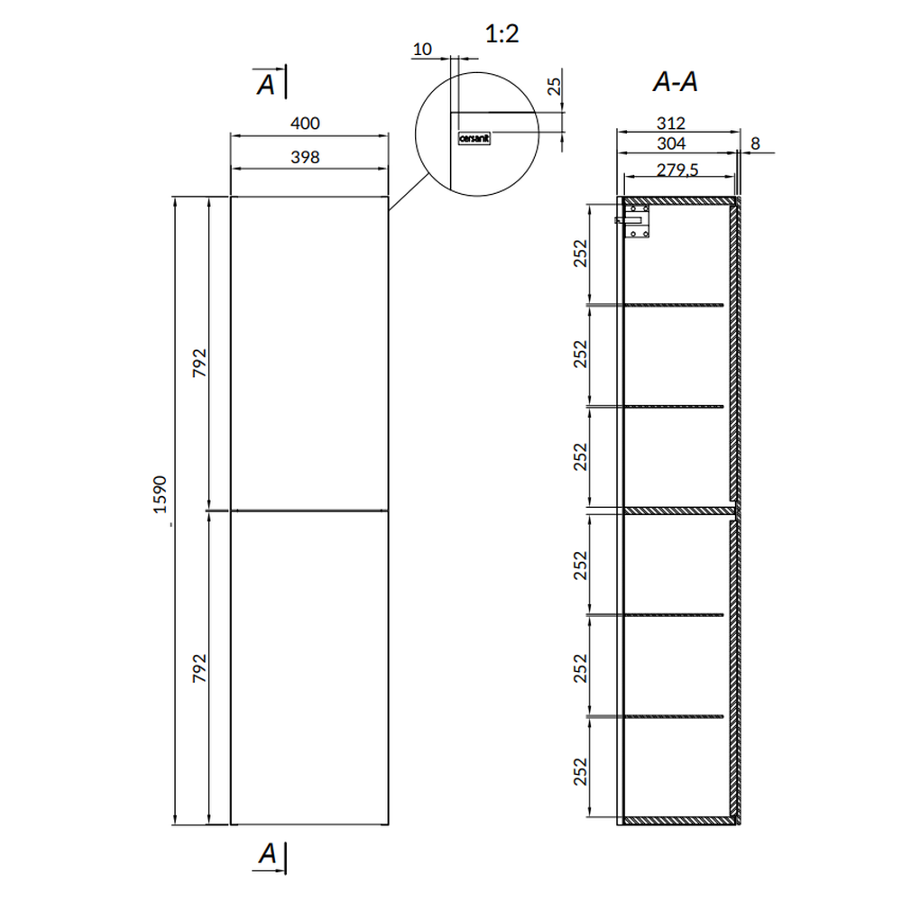 Dulap baie suspendat Cersanit Inverto, 2 usi, 160 cm, finisaj stejar cu usa ceramica CALACATTA [1]