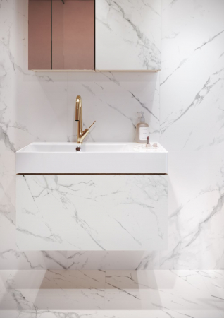 Outlet - Set dulap baie suspendat Cersanit Inverto 80 cu lavoar inclus, finisaj stejar si placat cu ceramica CALACATTA