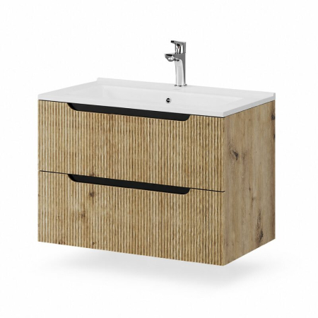 Mobilier pentru lavoar - Dulap baie suspendat pentru lavoar 80 cm, cu riflaje rovere oro, Fluminia Malta