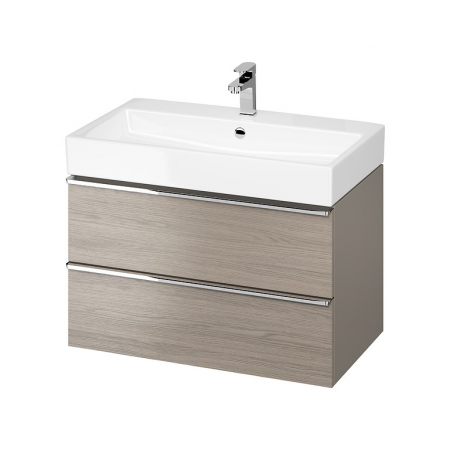 Seturi mobilier cu lavoar - Dulap baie suspendat stejar gri cu manere crom si lavoar inclus, Cersanit Virgo 80