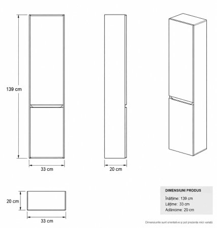Dulap baie suspendat tip coloana 140 cm, 2 usi reversibile, cu front riflat, mattone, Fluminia [2]