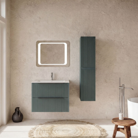 Dulapuri de baie suspendate - Dulap baie suspendat tip coloana 140 cm, 2 usi reversibile, cu front riflat, verde Italia, Fluminia