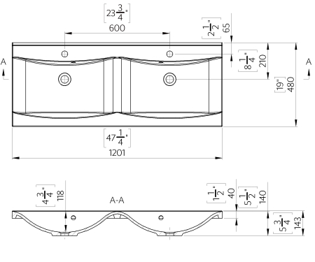 Lavoar incastrat dublu Foglia Lucia, alb lucios, dreptunghiular, 120 x 48 cm [1]