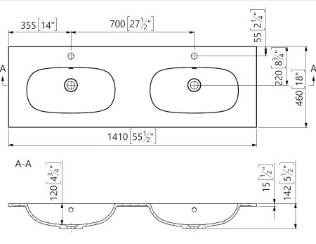Lavoar incastrat dublu din compozit, 141 x 46 cm,  alb lucios, dreptunghiular, Foglia [2]