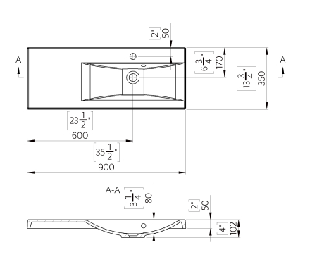 Lavoar din compozit incastrat, 90 x 35 cm, cuva orientata pe dreapta, alb lucios, dreptunghiular, Foglia Selina [1]