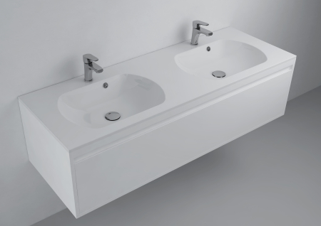 Obiecte sanitare - Lavoar incastrat dublu din compozit, 140 x 50 cm, alb lucios, dreptunghiular, Foglia Estella
