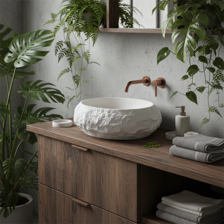 Lavoare baie pe blat - Lavoar baie 50x38 cm, alb imitatie piatra, Rea Mika