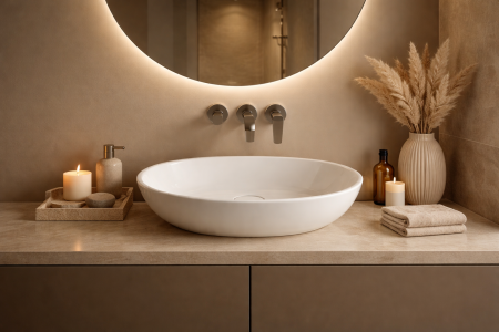 Chiuvete baie - Lavoar baie compozit cu montare pe blat 60 cm, alb, oval, Foglia Bella