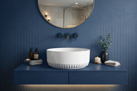 Chiuvete baie - Lavoar baie compozit pe blat, alb, rotund, Foglia Rondo Z