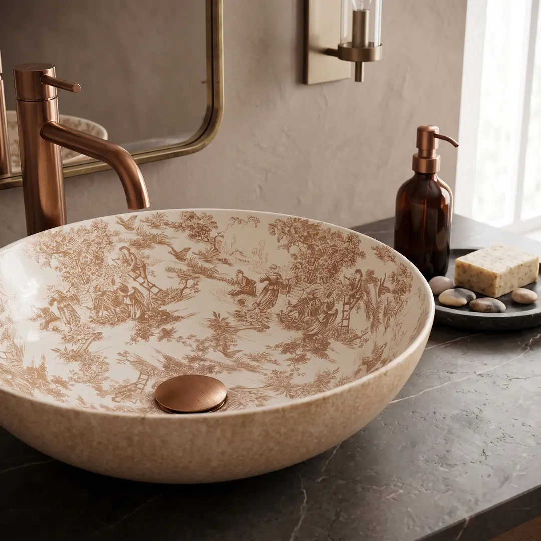 Lavoar baie cu montare pe blat 40 cm, rotund, maro cu motive decorative, Rea Juliana [3]