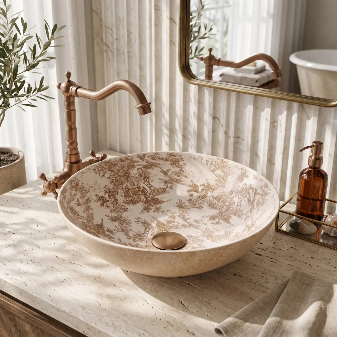 Chiuvete baie - Lavoar baie cu montare pe blat 40 cm, rotund, maro cu motive decorative, Rea Juliana
