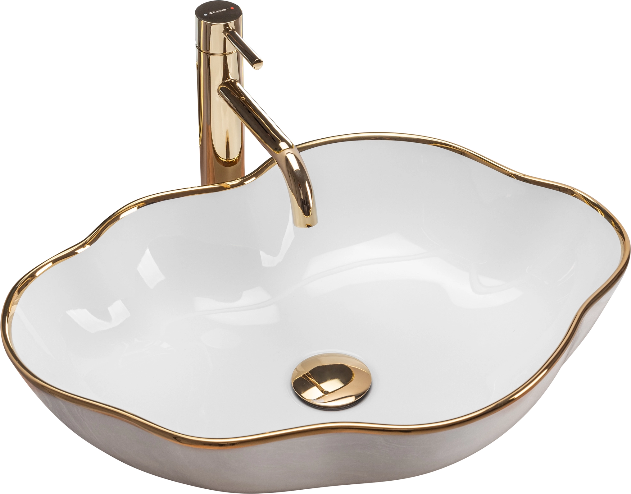 Lavoar baie din ceramica sanitara, alb cu margine aurie, asimetric, Rea Pearl [0]