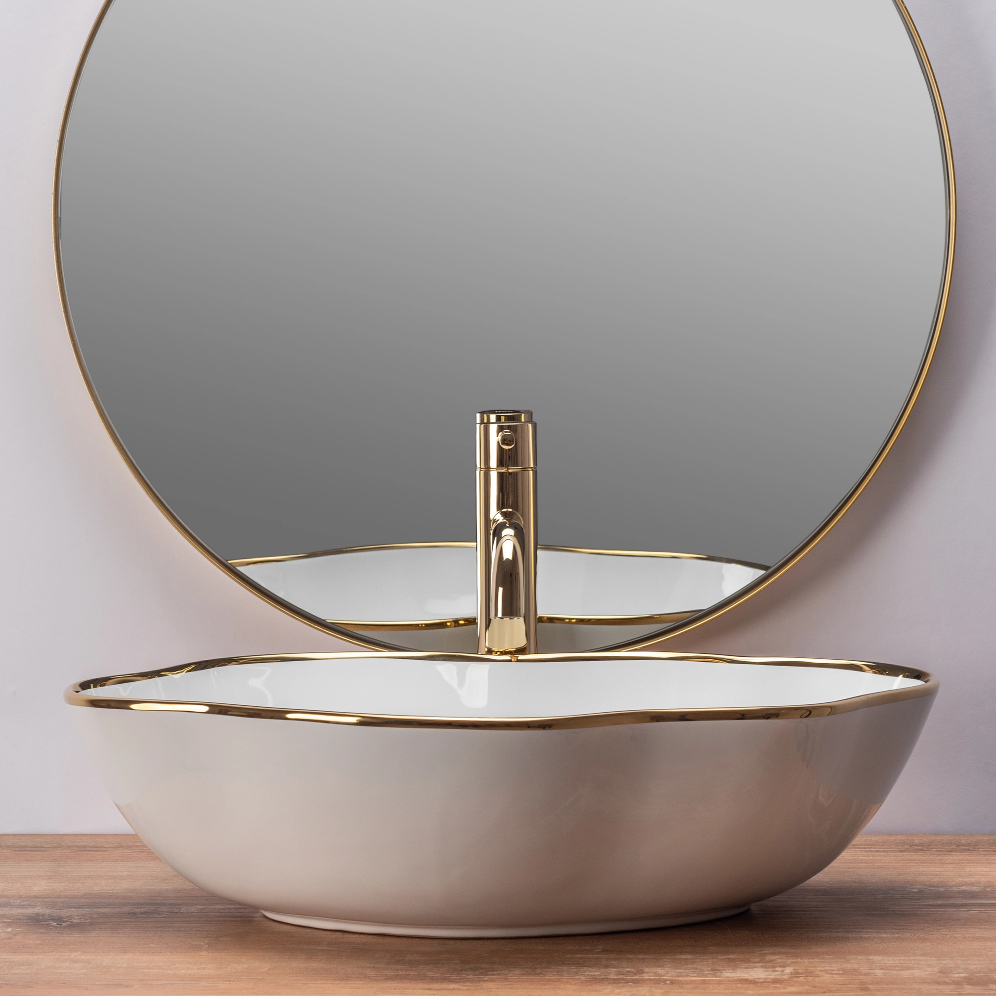 Lavoar baie din ceramica sanitara, alb cu margine aurie, asimetric, Rea Pearl [1]